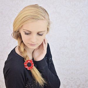 Red, White & Black DotFlower Ponytail Holder
